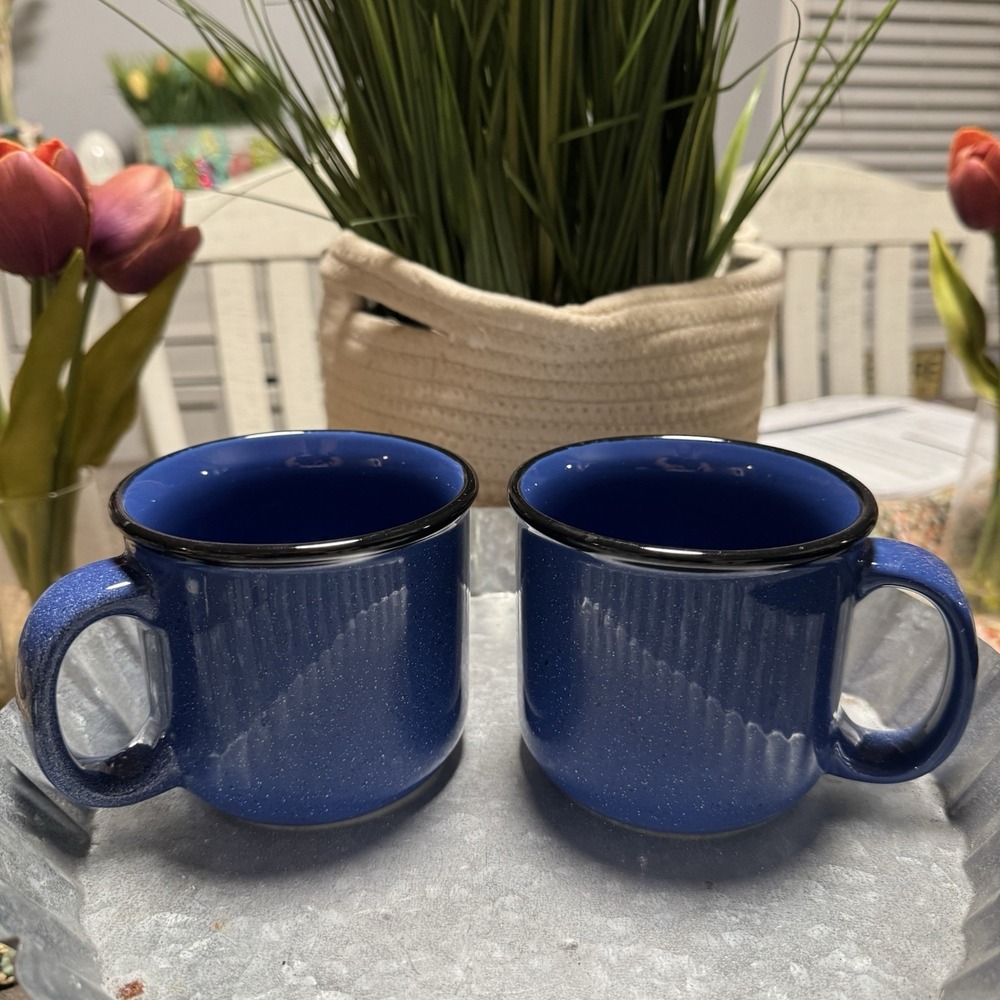 Vintage Marlboro Unlimited Set Of 2 Blue Speckled Stoneware Coffee‎ Cups Mugs